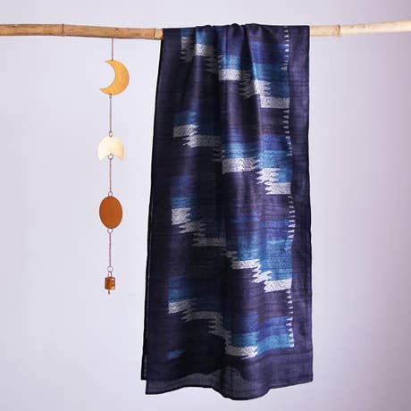 HandBlock Printed Pure Tussar Silk Stole Showcasing Modern Designs in Different Shades of Blue and Grey