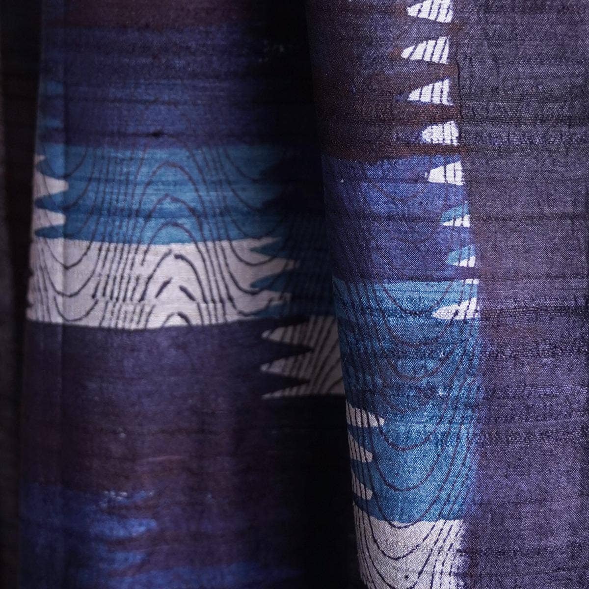 HandBlock Printed Pure Tussar Silk Stole Showcasing Modern Designs in Different Shades of Blue and Grey