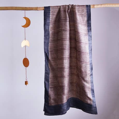 HandBlock Printed Pure Tussar Silk Stole Showcasing Unique Stripes in Purplish Grey and Grey with Dark Blue Border