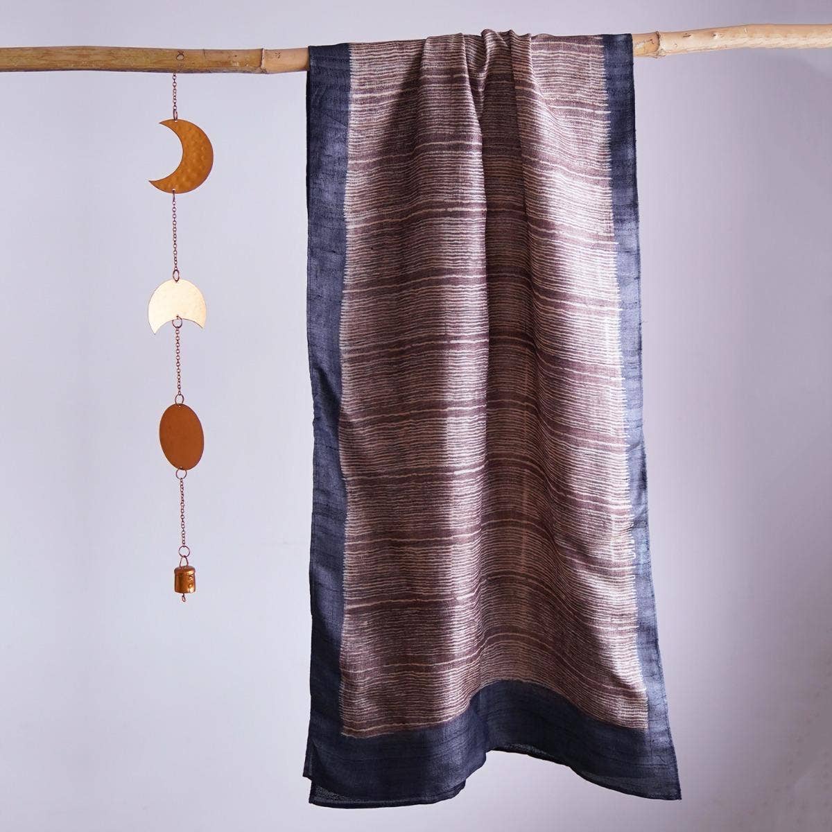 HandBlock Printed Pure Tussar Silk Stole Showcasing Unique Stripes in Purplish Grey and Grey with Dark Blue Border
