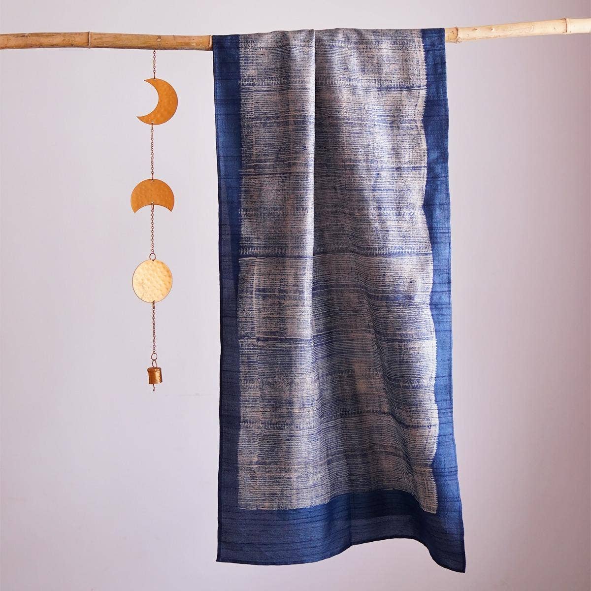 HandBlock Printed Blue and White Pure Tussar Silk Stole Showcasing Unique Finish and Indigo Blue Border