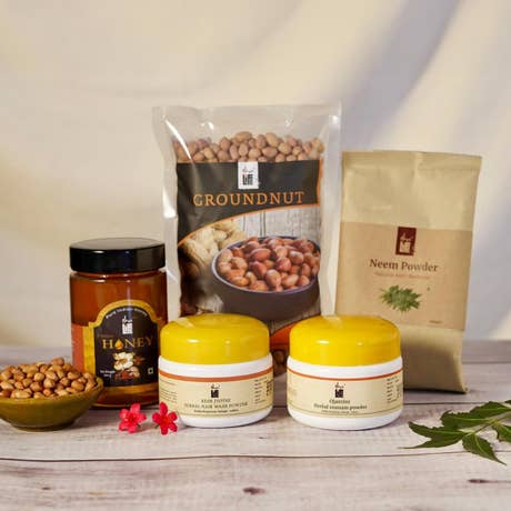 Sadhana Support Combo Pack. For Mahashivratri and Shivanga sadhana. Ojaswini snanam powder. Kesh Jyothi Herbal Hair Wash Powder. Groundnuts. Natural honey. Neem powder. 