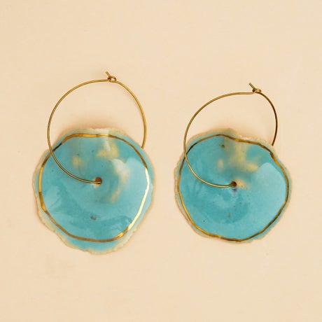 Handcrafted Ceramic Earring With 22k Gold Painting - Disc (Turq)