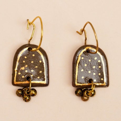 Handcrafted Ceramic Earring With 22k Gold Painting - With Ghungroo (Brown)