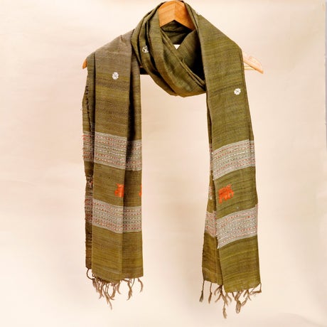 Two-tone grey Eri silk stole naturally dyed with onion, turmeric, and henna, adorned with floral and elephant motif embroidery