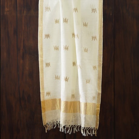 White Hand woven linen stole with zari border– Mahashula trishul Motif