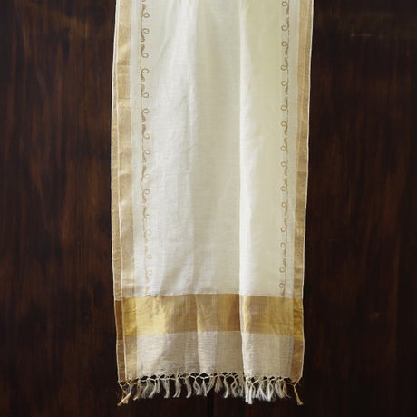 White Hand woven linen stole with zari border- snake motifs on border