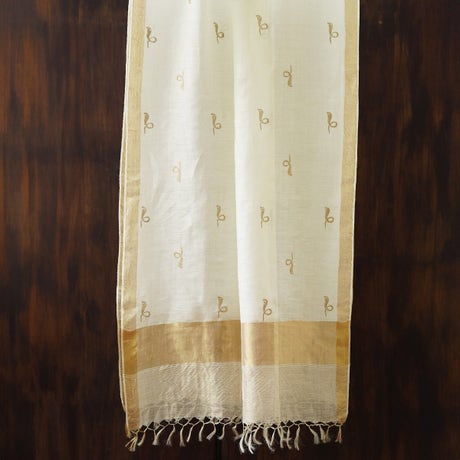 White Hand woven linen stole with zari border- Snake Motif on body
