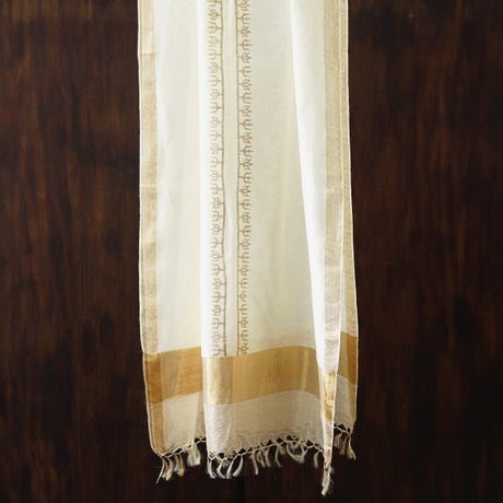 White Hand woven linen stole with zari border- Trishul and Lotus Motif
