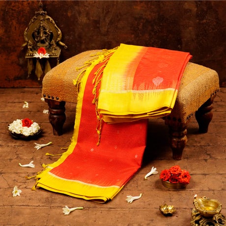 Consecrated Bright Red and Vibrant Golden Yellow Silk Saree