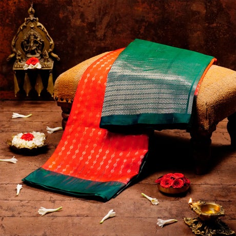 Vibrant Orange, Bottle Green, & Silver Silk Energized Saree