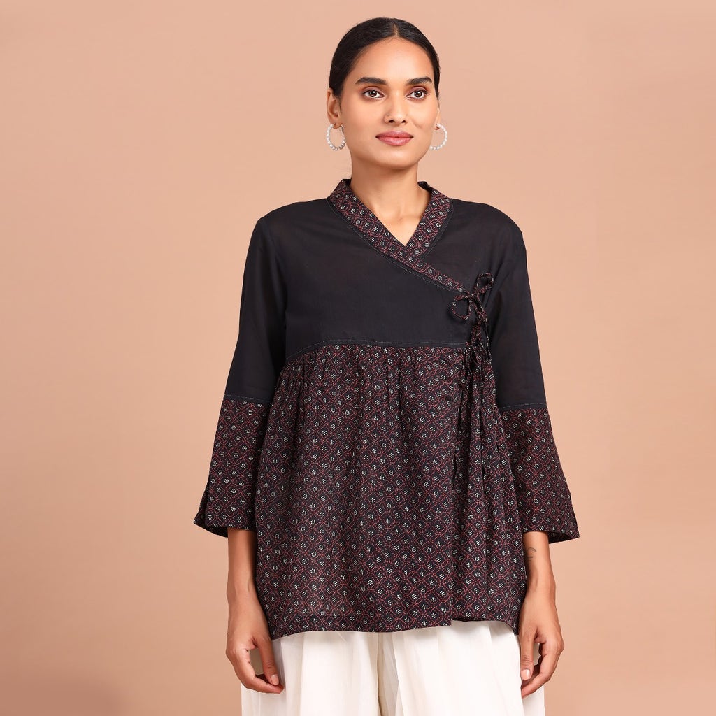 Screen Printed Cotton Peplum Top - Black