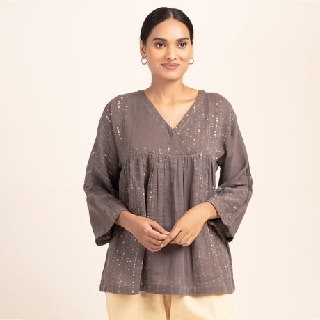 Screen Printed Cotton Peplum Top-Grey