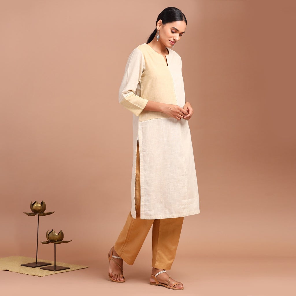 Piece Dyed Panelled Kurta With Aum Embroidery - Ecru And Beige