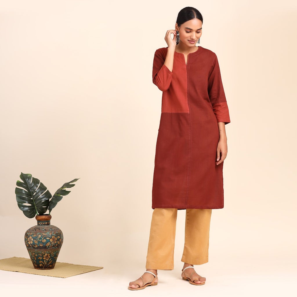 Piece Dyed Panelled Kurta With Aum Embroidery - Beige And Rust