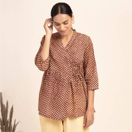 Bagru Handblock Printed Peplum Top - Brown