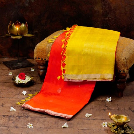 Crimson Red and Sunglow Yellow Silk Consecrated Saree