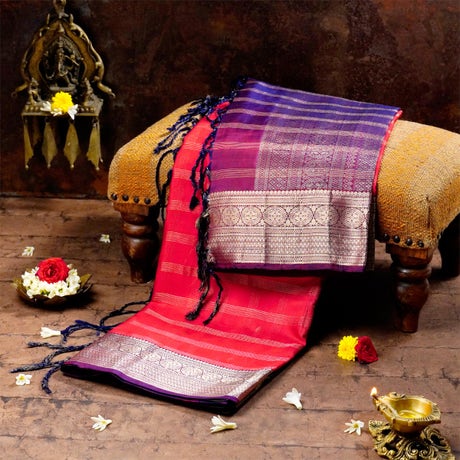 Apple Red and Byzantium Purple Silk Consecrated Saree
