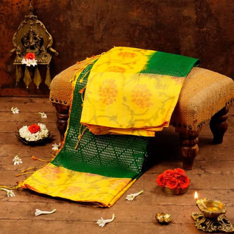Consecrated Pine Green and Yellow Silk Saree