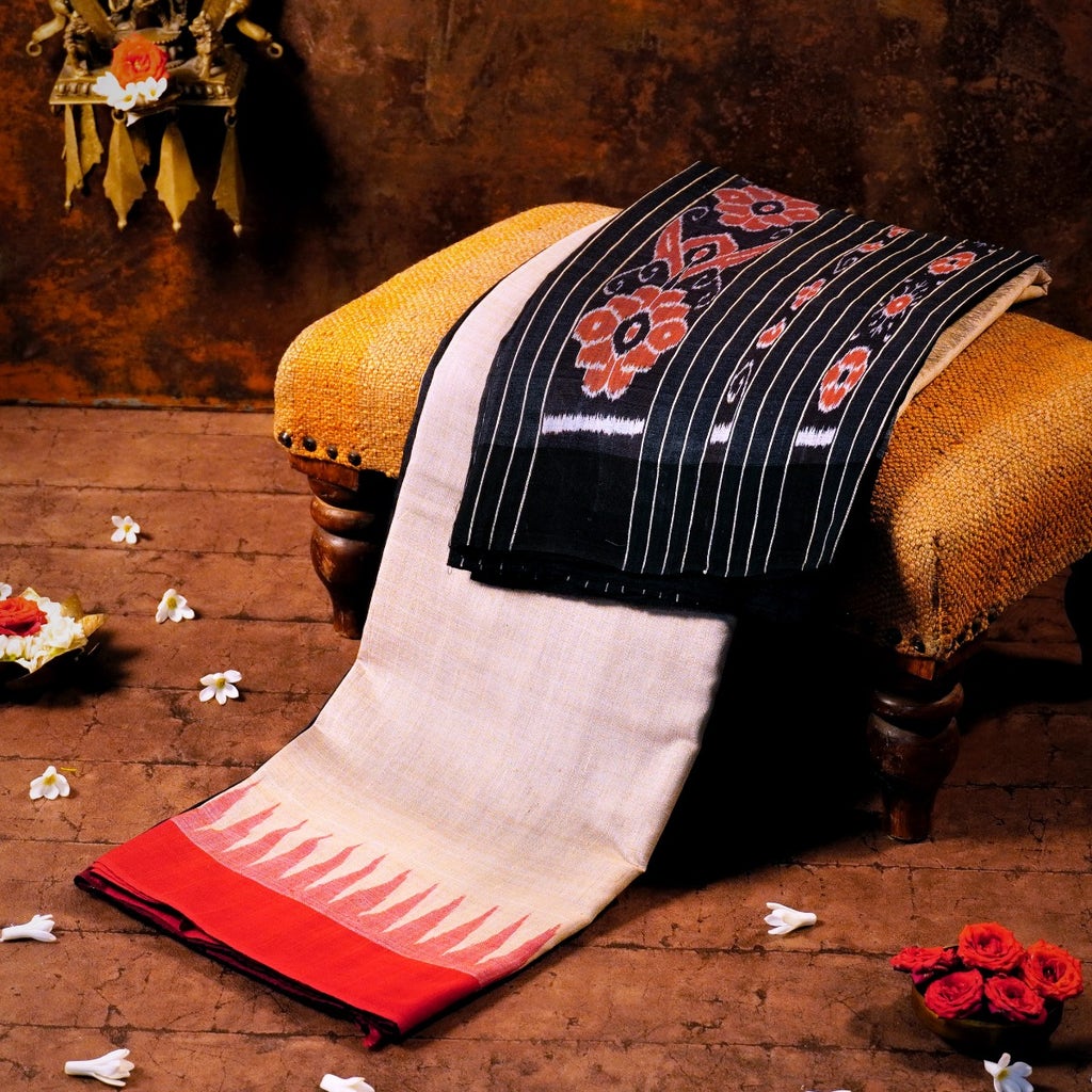 Tussar-eri handloom silk Energized saree with Ganga Jamuna black pallu