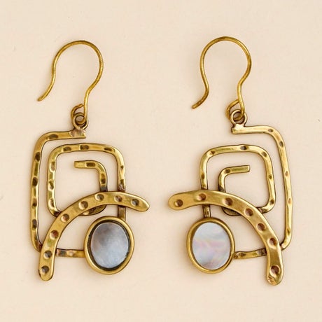 Handmade hammered brass earring with brown mother of pearl bezel