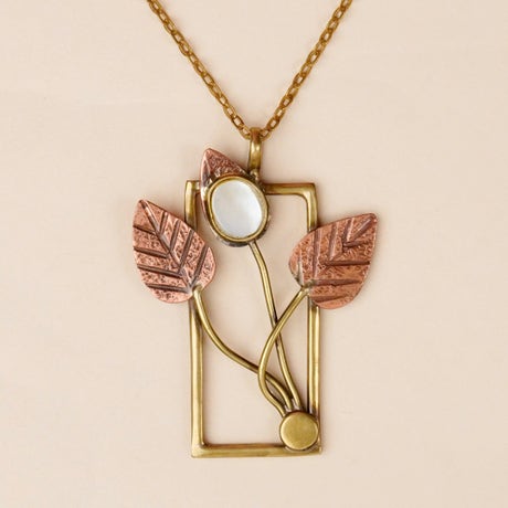 Handmade Brass Pendant with textured copper leaves and White Mother of pearl Bezels