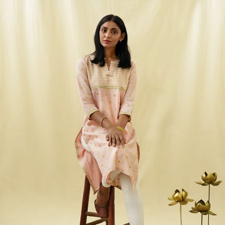 Screen printed Chanderi kurta with front panel - Peach