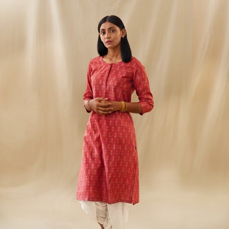 Screen printed Chanderi kurta with chest placket- Terracotta red