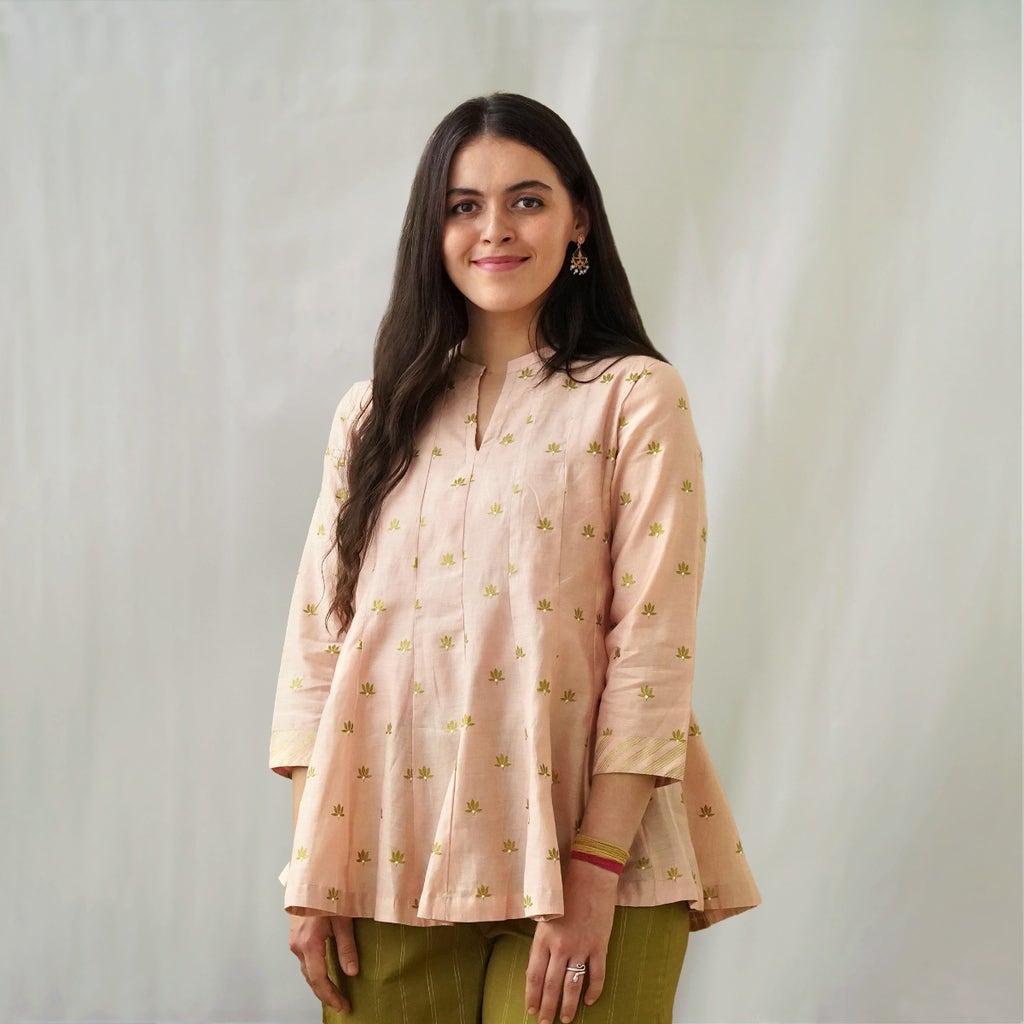Screen printed Chanderi panelled tunic with flared hem- Peach