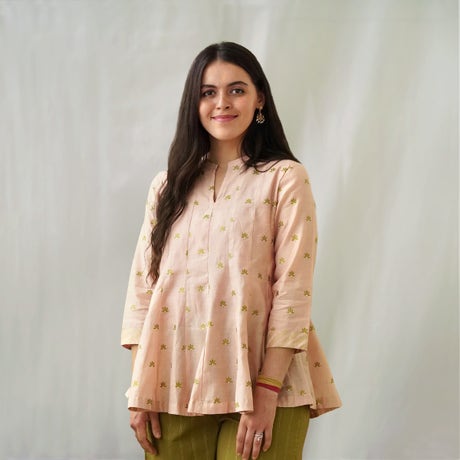Screen printed Chanderi panelled tunic with flared hem- Peach