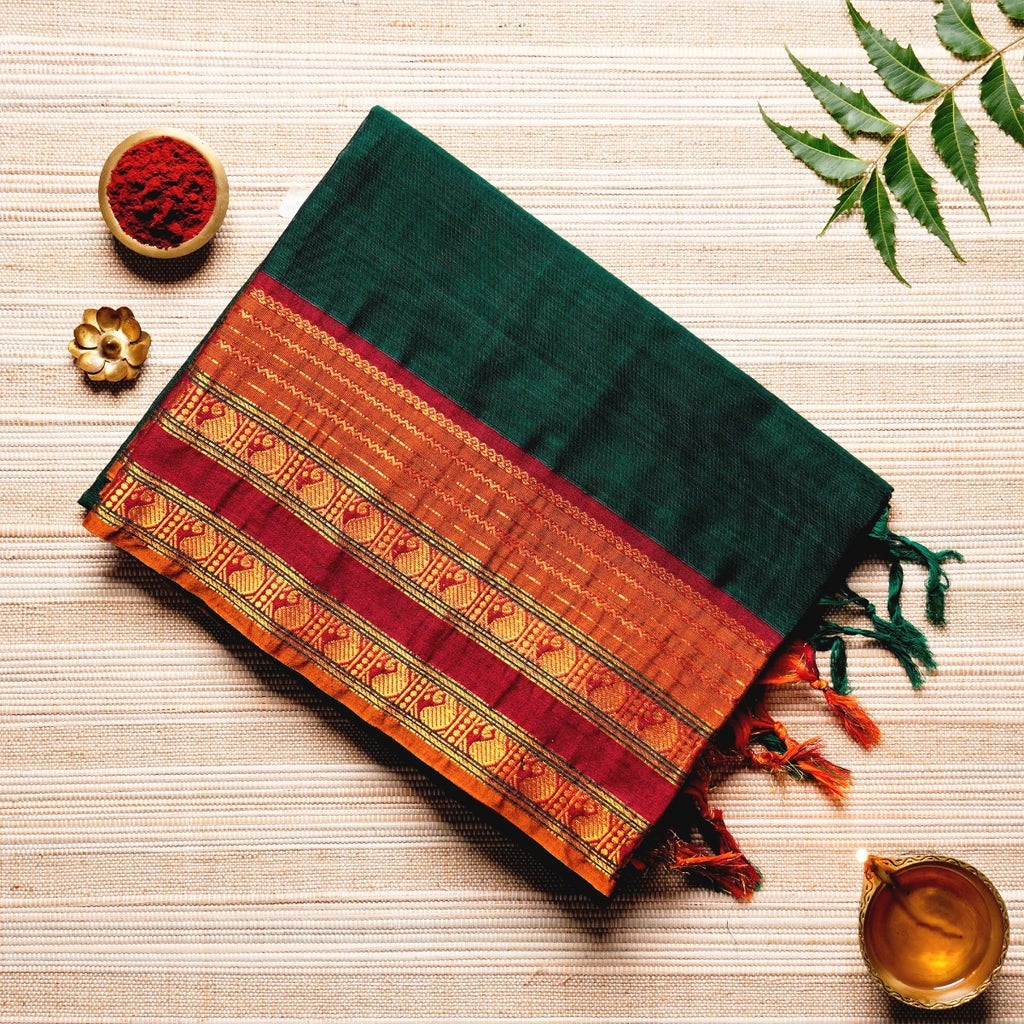 Midnight Green, Deep Red, & Golden Cotton Energized Saree