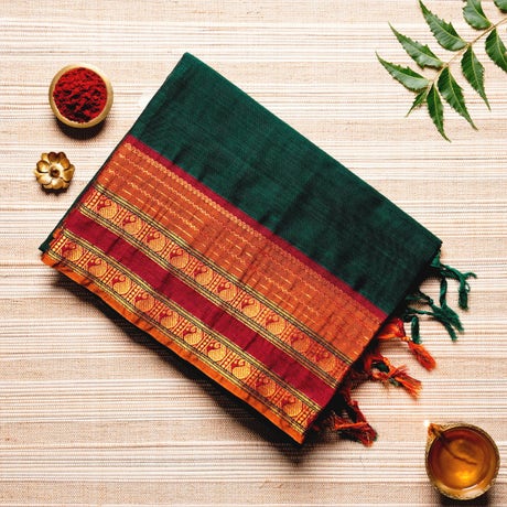Midnight Green, Deep Red, & Golden Cotton Energized Saree