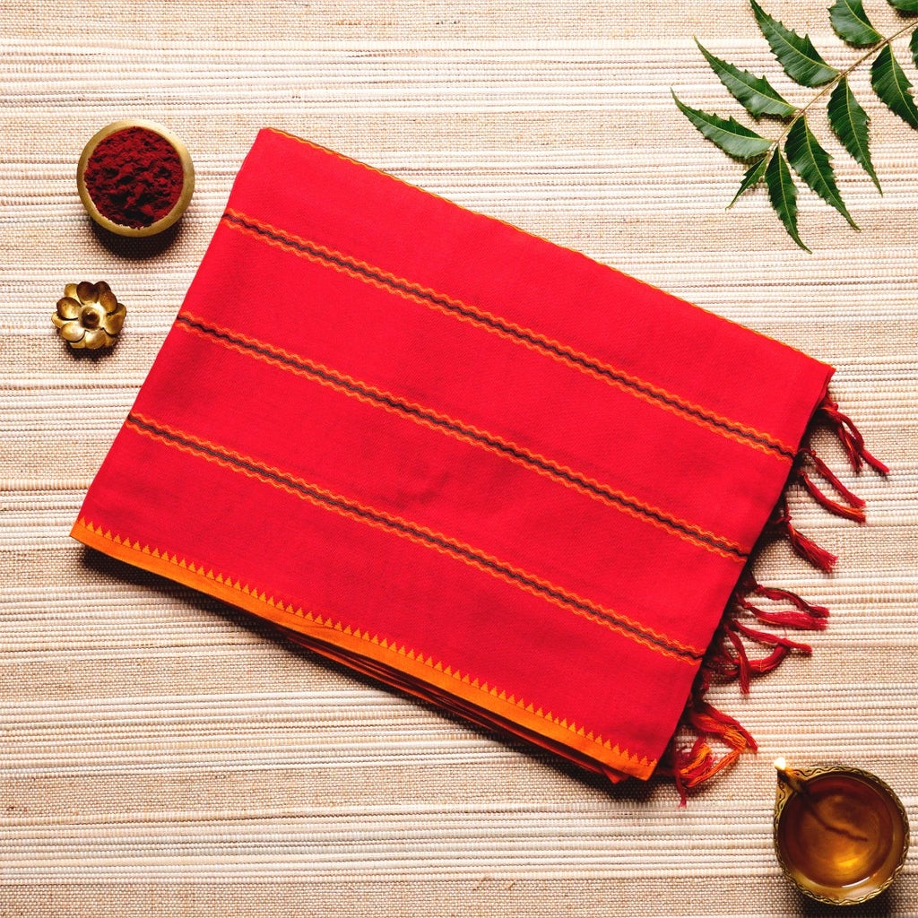 Scarlet Red, Orange, & Black Cotton Energized Saree