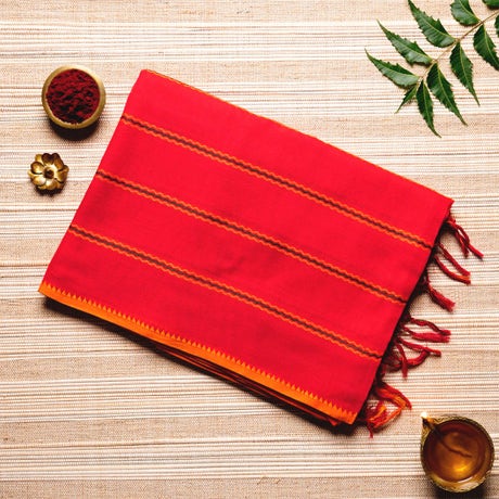 Scarlet Red, Orange, & Black Cotton Energized Saree
