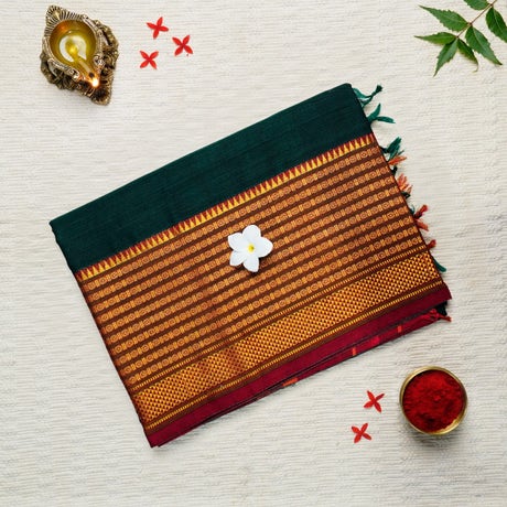 Midnight Green and Gold Handloom Cotton Saree with charming temple accents, Rudraksha and Arai Madam motifs