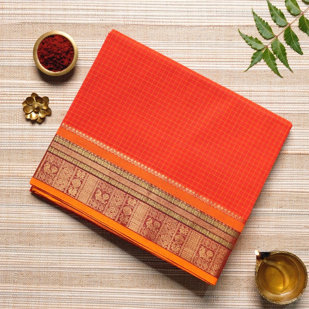 Scarlet Red, Pumpkin Orange, & Gold Cotton Energized Saree
