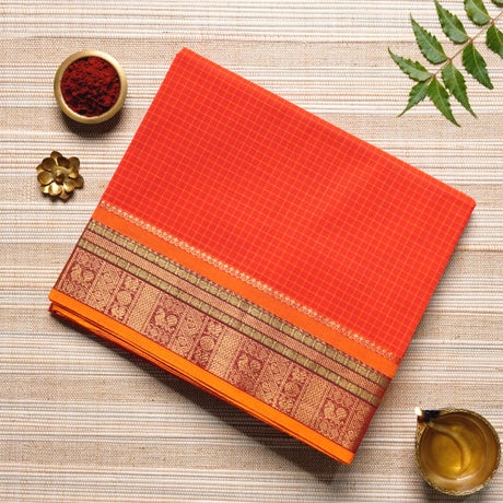 Scarlet Red, Pumpkin Orange, & Gold Cotton Energized Saree