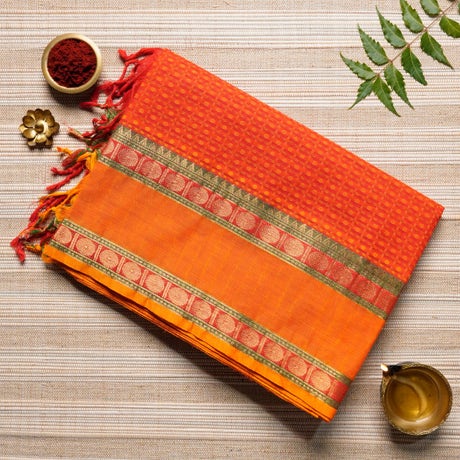 Orange Cotton Energized Saree ft. Rudraksha Motifs