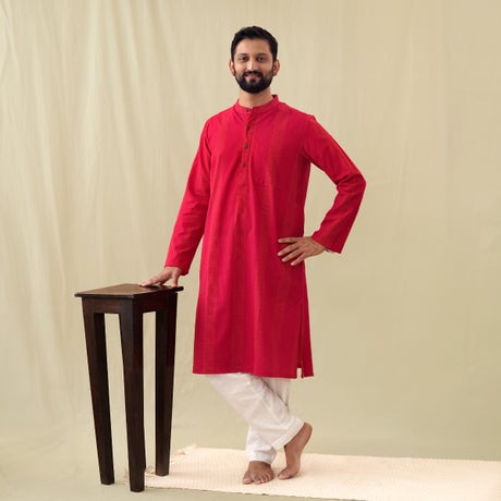 Full Sleeve Cotton Dobby Long Kurta - Red