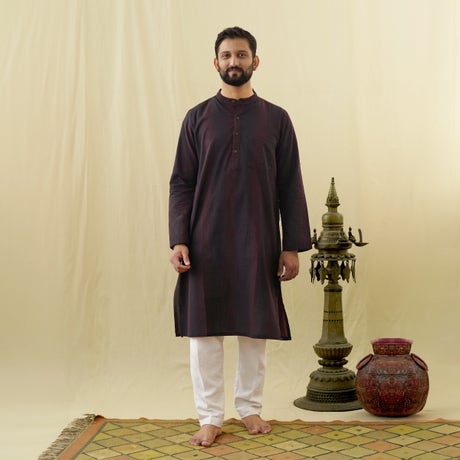 Full Sleeve Cotton Dobby Long Kurta - Black