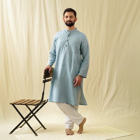 Full Sleeve Cotton Dobby Long Kurta - Heather Blue