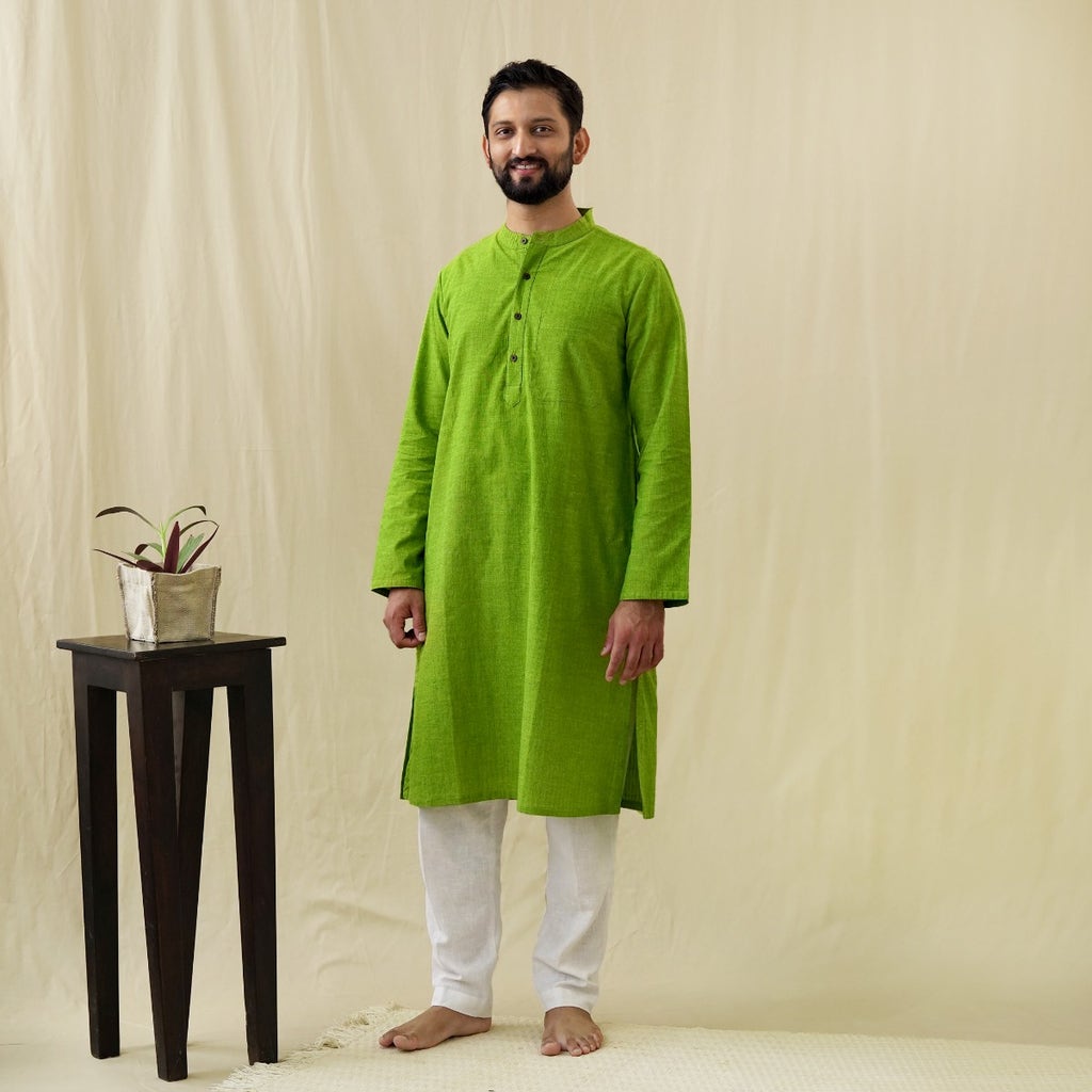 Olive green Cotton Kurta: Boxy Textured Design with Thread Bundles