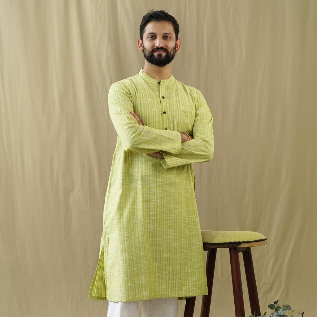 Yarn Dyed Full Sleeve Slub Cotton Kurta - Lt. Green