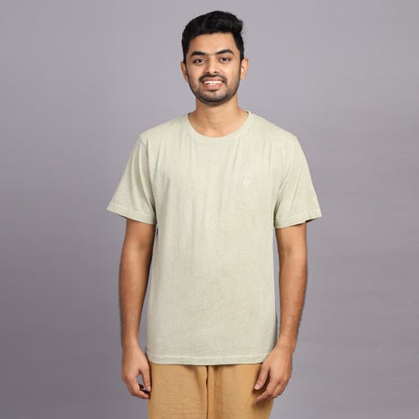 Unisex Overdyed Beige-Lime Cream Melange Cotton Crew Neck T-Shirt