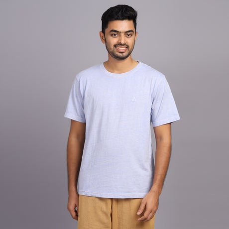 Unisex Overdyed Blue Silver Melange Cotton Crew Neck T-Shirt