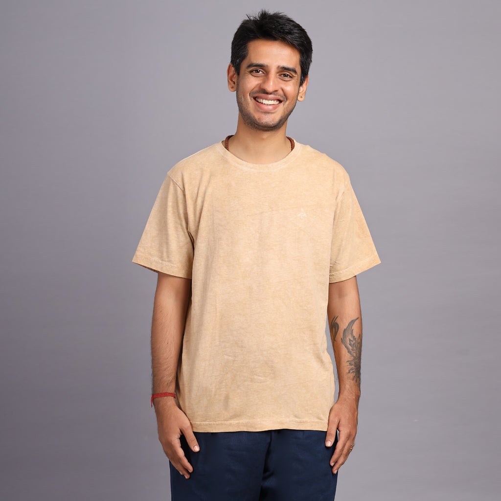 Unisex Overdyed Wheat Brown Melange Cotton Crew Neck T-Shirt 