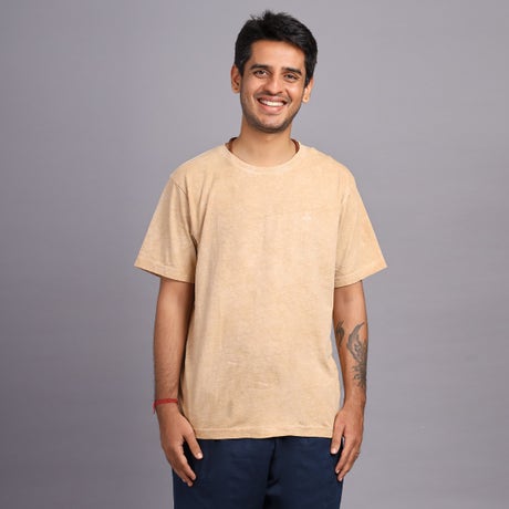 Unisex Overdyed Wheat Brown Melange Cotton Crew Neck T-Shirt 
