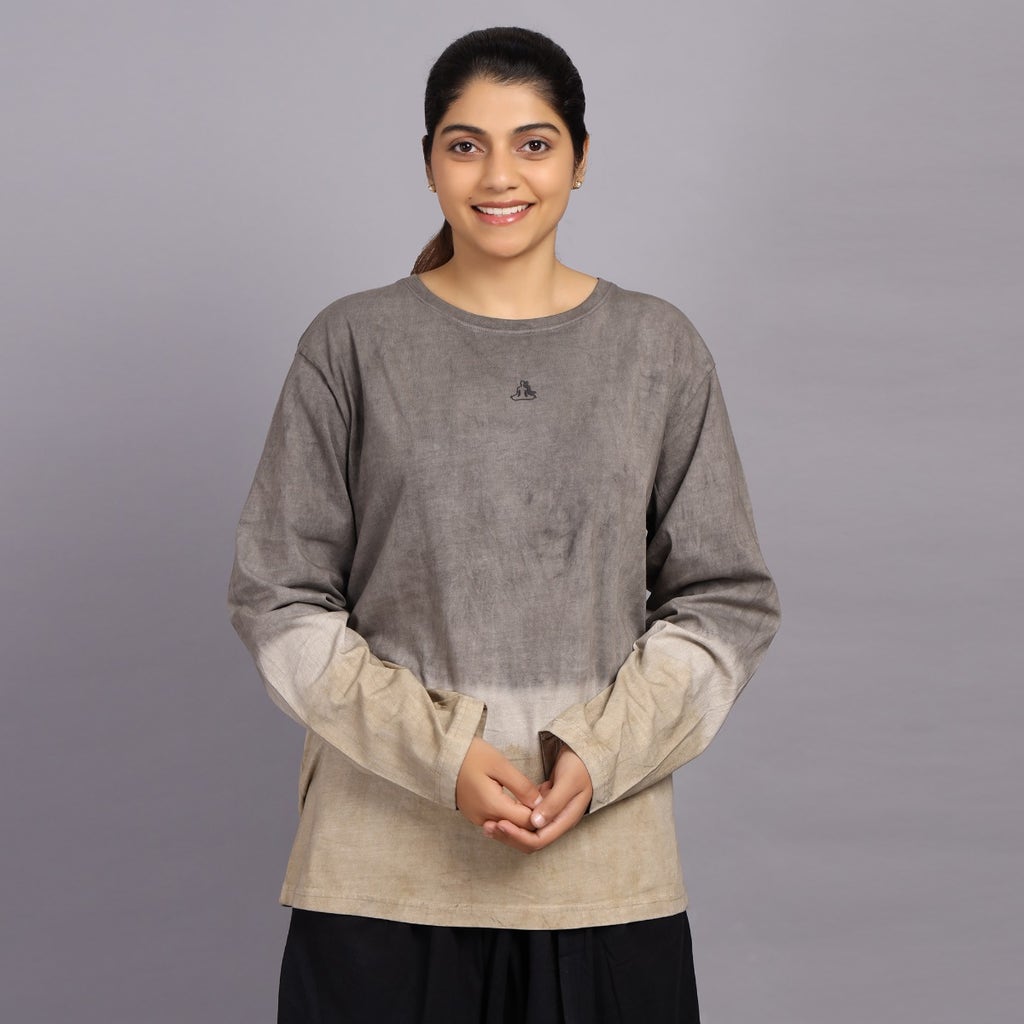  Unisex Tie & Dye Full-Sleeve Cotton Misty Grey & Beige T-shirt
