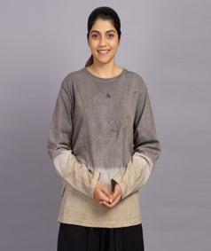  Unisex Tie & Dye Full-Sleeve Cotton Misty Grey & Beige T-shirt