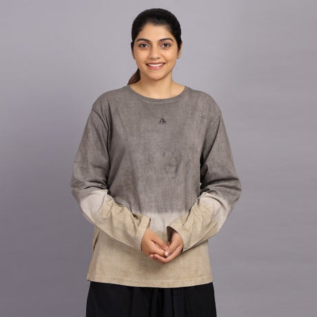  Unisex Tie & Dye Full-Sleeve Cotton Misty Grey & Beige T-shirt